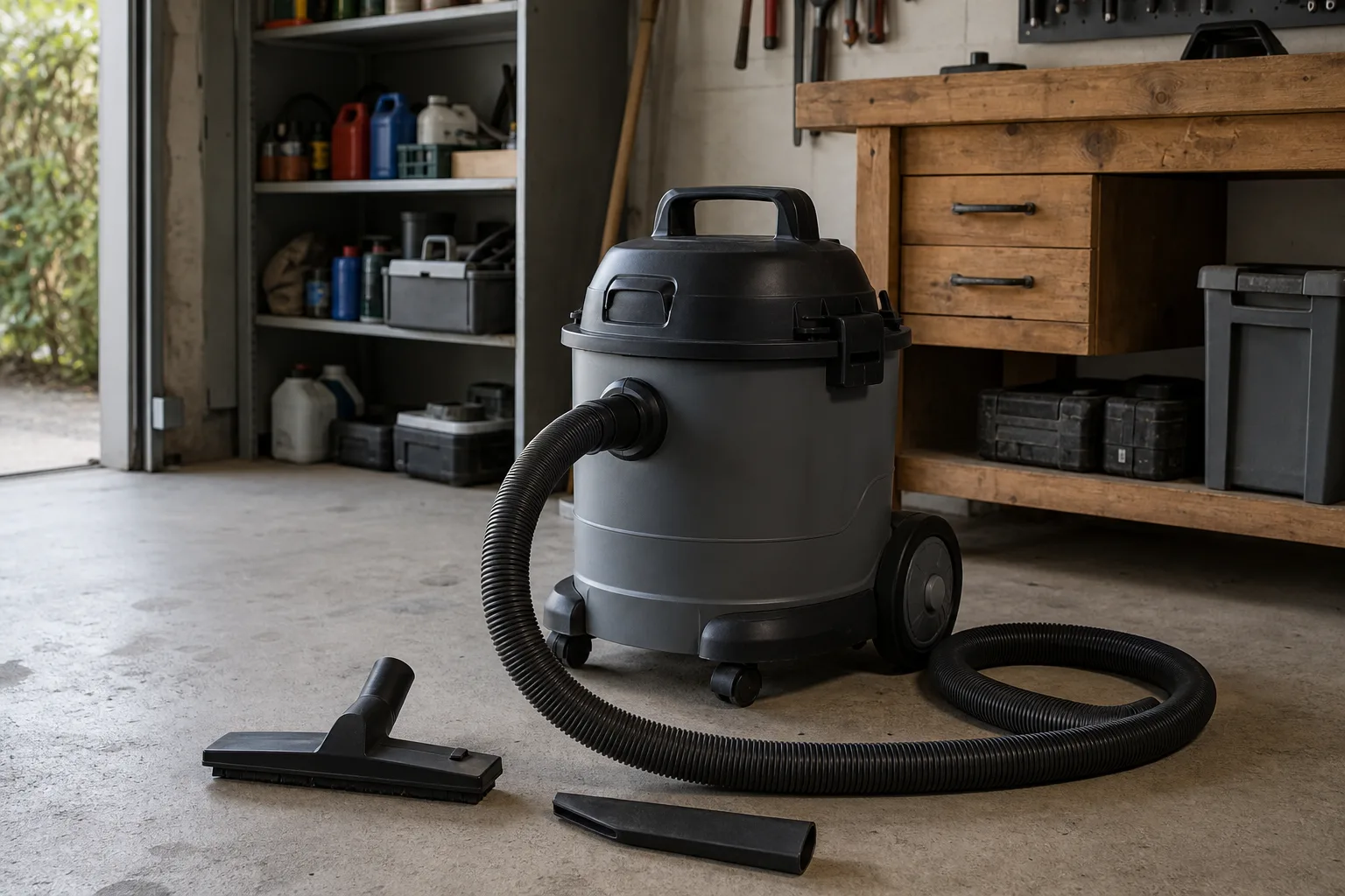 Grå behållarmaskin med svart motorlock, räfflad slang och två munstycken på garagegolv.