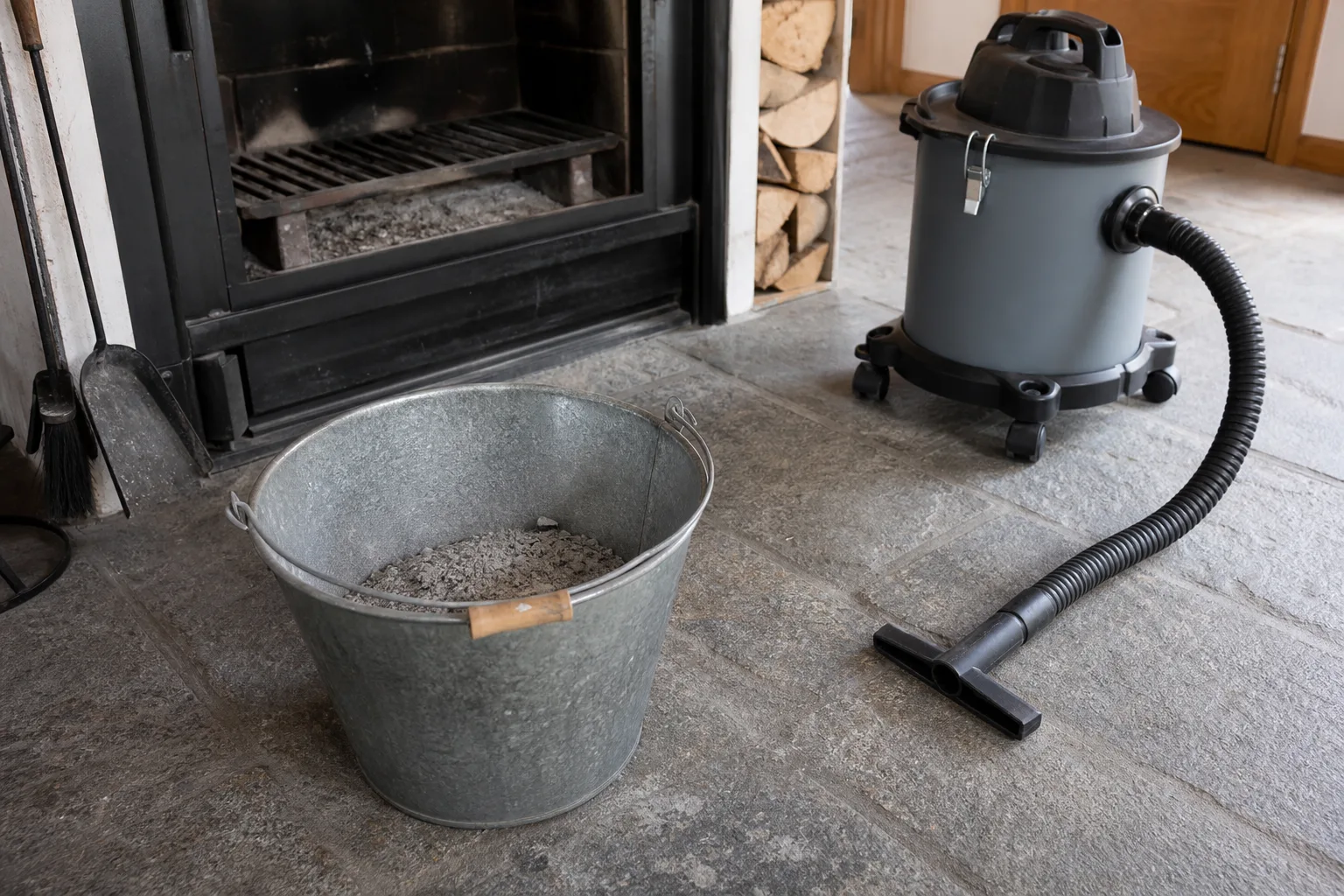 Metallhink med kall aska på stengolv vid en släckt kamin.