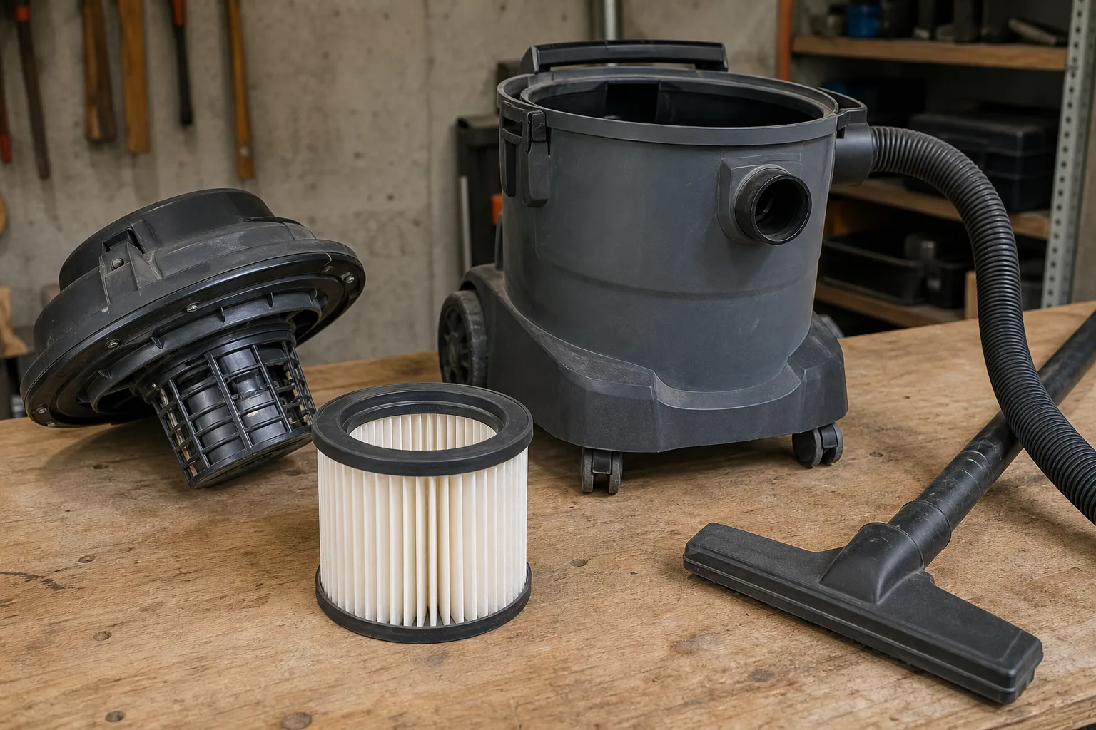 Veckat cylindriskt filter på en arbetsbänk bredvid en öppnad grå behållarmaskin.
