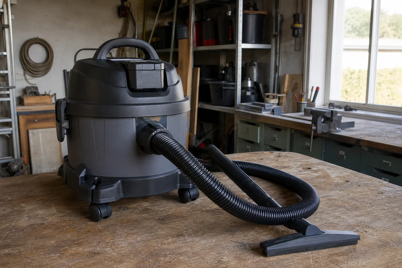 Kompakt grå grovdammsugare med batteripaket, bärhandtag och slang vid en arbetsbänk.