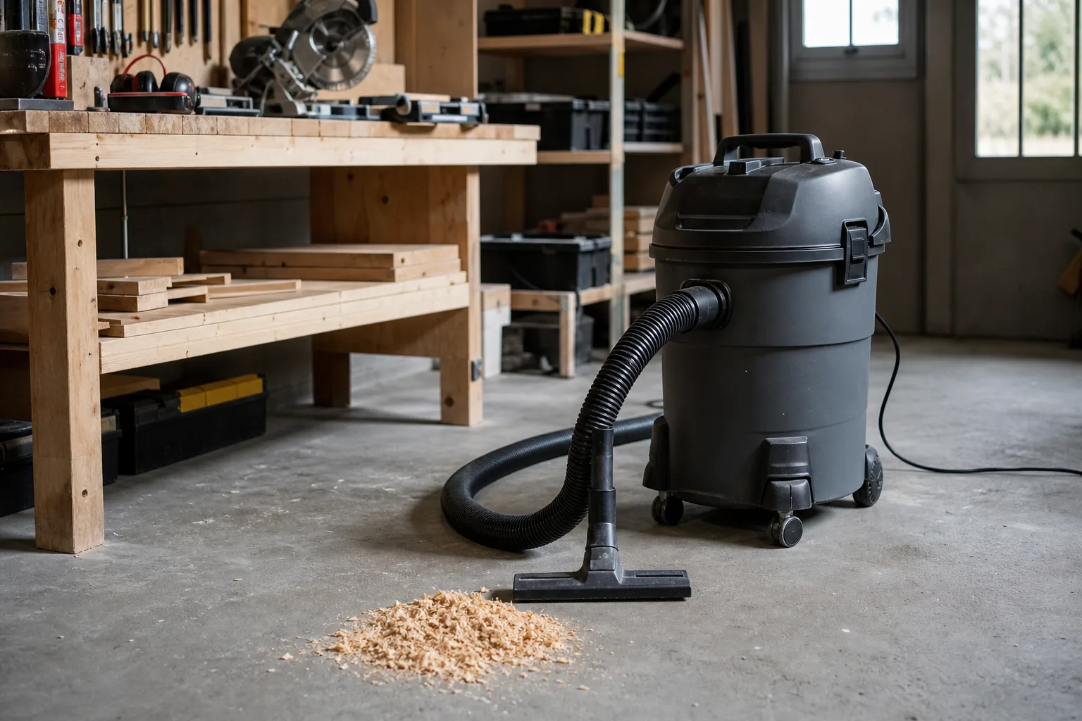 Grå grovdammsugare med slang och munstycke framför en arbetsbänk i ett garage.